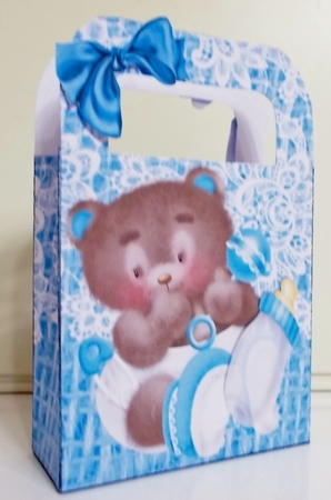 Lovely Blue Lace Burlap Gift Bag With Baby Teddy by Pam Stubley