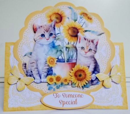Cute Cat & Sunflowers All Occasions 7 x 7 Shaped Card by Pam Stubley