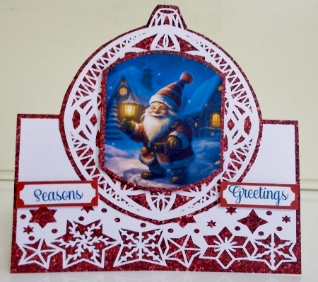Christmas Gnome Red Bauble 7 x 7 Shaped Card by Pam Stubley