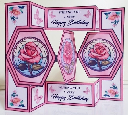 Hexagon shutter Stained glass pink roses by Pam Stubley