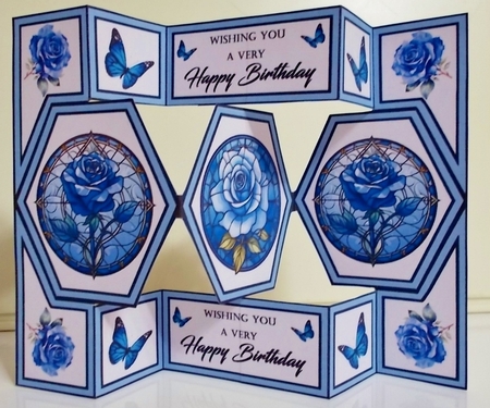 Hexagon shutter Stained glass blue roses by Pam Stubley