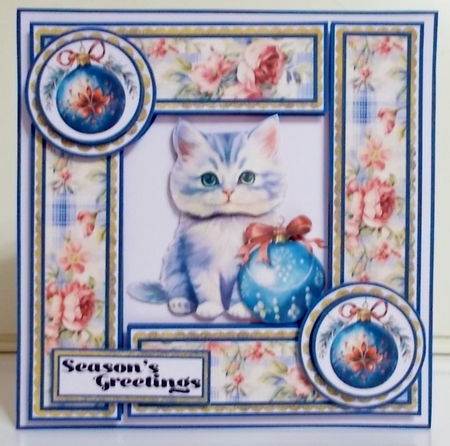 7 in Square Blue Kitty with Bow on Bauble by Pam Stubley