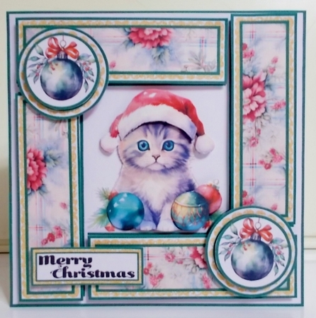 7 in Square Green Cat in Christmas Hat by Pam Stubley
