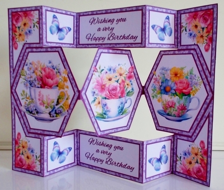 Hexagon shutter card Floral  teacups BD by Pam Stubley