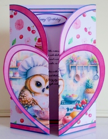 Owl Bakes a Birthday Cake Heart Shaped Double Gatefold 5 x 7 by Pam Stubley