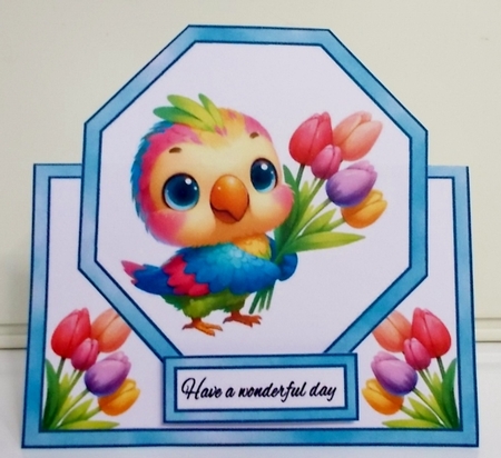 Cute baby parrot with tulips by Pam Stubley