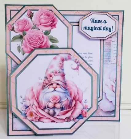 Pink Rose Gnome Offset Octagon Card by Pam Stubley