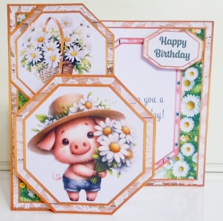 Cutesy Pig with Daisies Offset Octagon Foldback Card by Pam Stubley