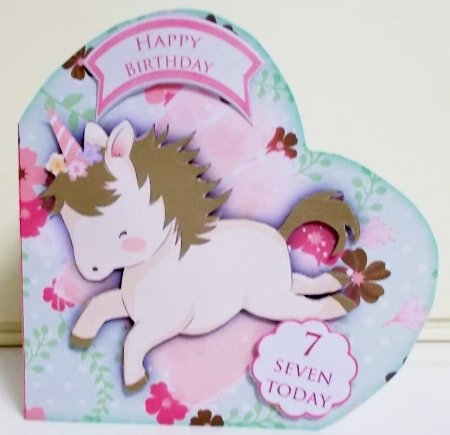Unicorn Heart Shaped Decoupage Birthday Card with Age Tiles & Inserts by Pam Stubley