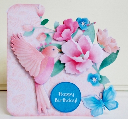 Hummingbird and Flowers Shaped Decoupage Card with Insert and Sentiments by Pam Stubley