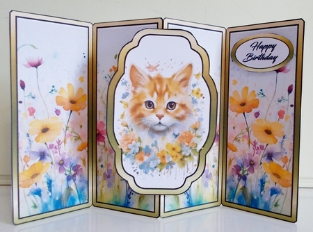 Gate fold pop-out Ginger cat with flowers by Pam Stubley