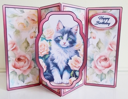 Gate fold pop-out Kitten with peach roses by Pam Stubley