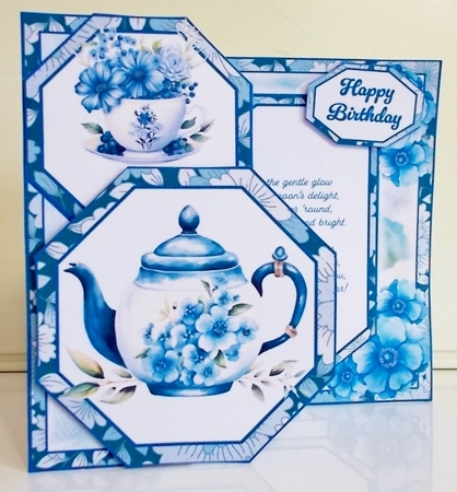 China Blue Afternoon Tea Offset Octagon Foldback Card by Pam Stubley