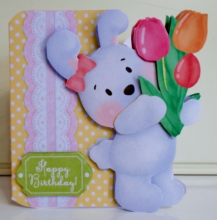 Bunny with Tulips 3D Decoupage Shaped Card and Envelope by Pam Stubley