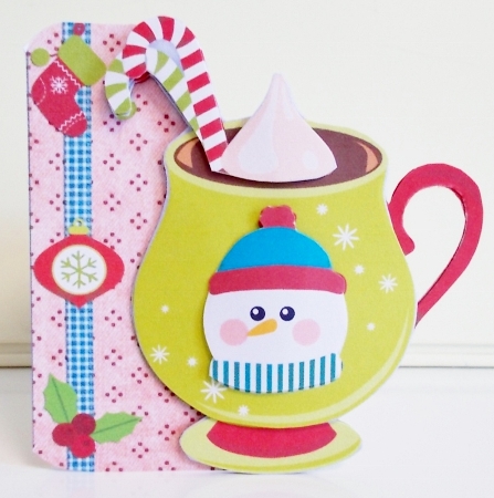 Hot Chocolate Mug Shaped 3D Decoupage Christmas Card with Insert and Envelope by Pam Stubley