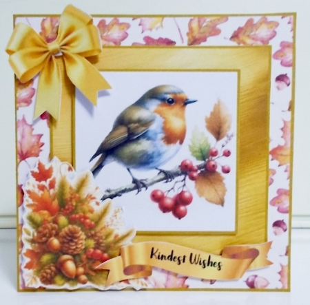 Autumn Robin Card Kit 1 with main card base, decoupage and envelope by Pam Stubley