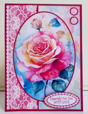 Rose With Lace & Pearls 7x5 Card Front Minikit by Pam Stubley