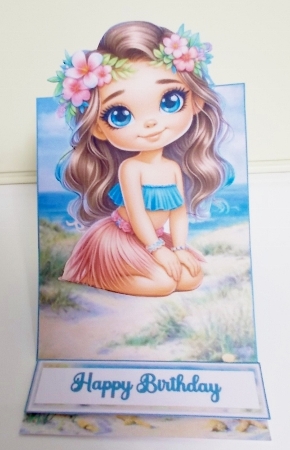 Cute Beach Girl Easel Card – Printable 3D Pyramid Card – Tropical Floral Child Illustration – Digital Download by Pam Stubley
