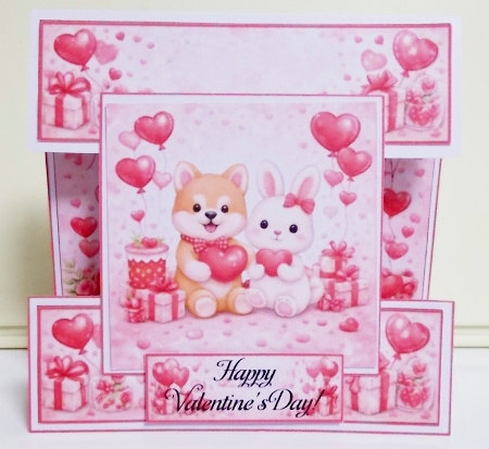 Valentine Layered Card Topper with Dog and Rabbit Holding Hearts by Pam Stubley