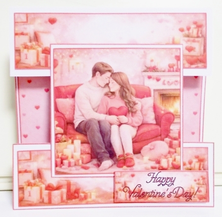 Romantic Valentines Day Card Topper with Couple on Red Sofa by Pam Stubley