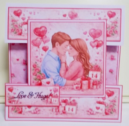 Romantic Valentines Day Card Topper with Embracing Couple and Heart Balloons by Pam Stubley