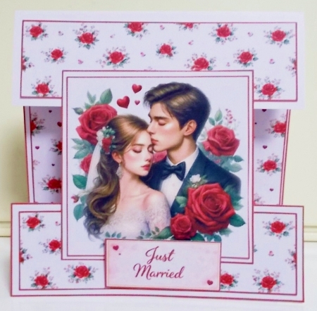 Elegant Wedding Day Card Topper with Bride and Groom in Floral Frame by Pam Stubley