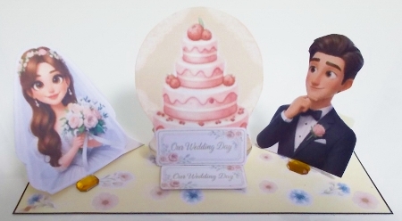 Romantic Wedding Day Pop‑Up Card Topper with Bride, Groom & Tiered Cake by Pam Stubley