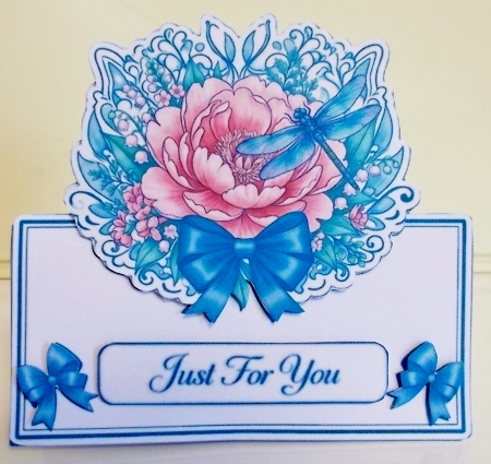Elegant Floral Peony & Dragonfly Just For You Card Front with Blue Bow by Pam Stubley