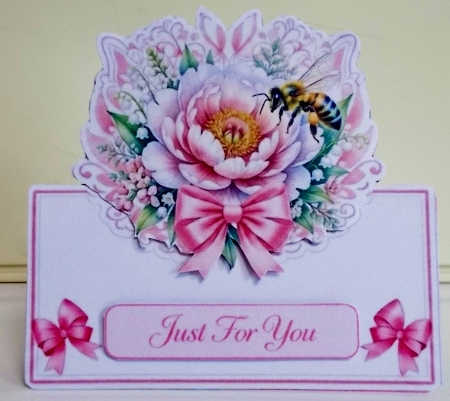 Elegant Peony & Bee Just For You Card Front with Pink Bow by Pam Stubley