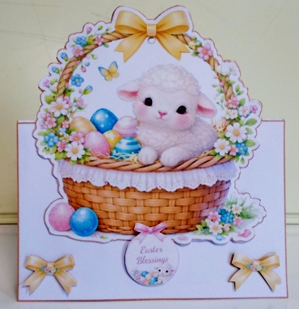 Spring Lamb Basket Card Front With Flowers, Eggs & Yellow Bow by Pam Stubley