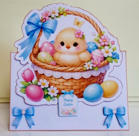 Easter Chick Basket Card Front With Flowers, Eggs & Blue Bow by Pam Stubley