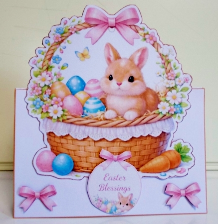 Easter Bunny Basket Card Front With Eggs, Flowers & Pink Bows by Pam Stubley