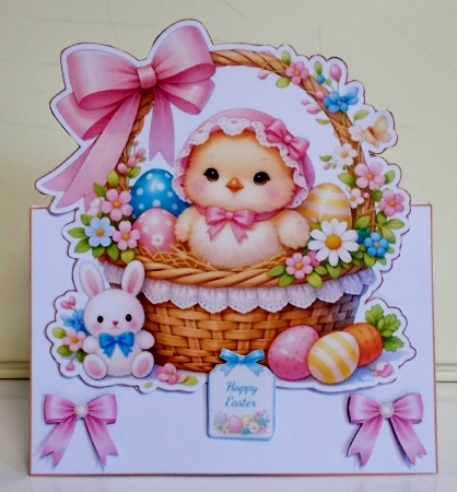 Easter Chick & Bunny Basket Card Front With Eggs, Flowers & Pink Bow by Pam Stubley
