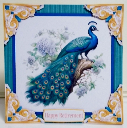 Peacock 6.5 Inch Square Card Front with Inserts, Decoupage and Sentiments by Pam Stubley