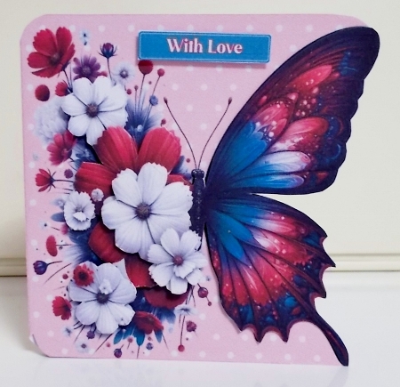 Pink and Blue Butterfly and Flowers Shaped Decoupage Card by Pam Stubley