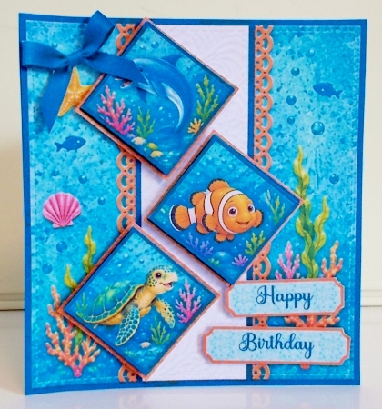 Ocean Animals Card Kit – Diamond Panels, Navy Ribbon & Just for You Topper by Pam Stubley