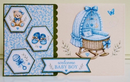 Welcome Baby Boy Cradle & Hexagon Panels – Blue Pastel Newborn Card Topper by Pam Stubley