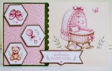 Welcome Baby Girl Cradle & Pink Hexagon Panels – Newborn Card Topper by Pam Stubley