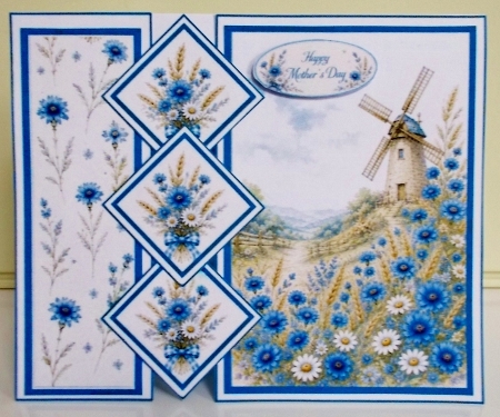Blue Cornflowers & Country Windmill Pastoral Card Front by Pam Stubley