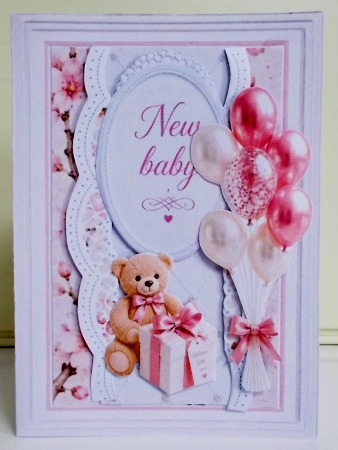 Pink New Baby Teddy & Balloons Card Topper by Pam Stubley