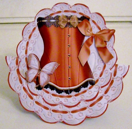 Peach Basque on Lace Rocker Card with Butterflies by Pam Stubley