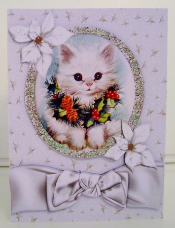 Little Kitten with Holly Wreath and Poinsettias A4 by Pam Stubley