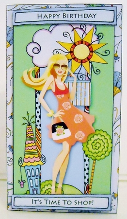 Shopping Girl Card Front Aqua Green by Pam Stubley