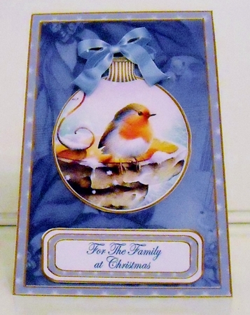 Blue Robin Family at Christmas 5.5inch Bauble Decoupage Card by Pam Stubley