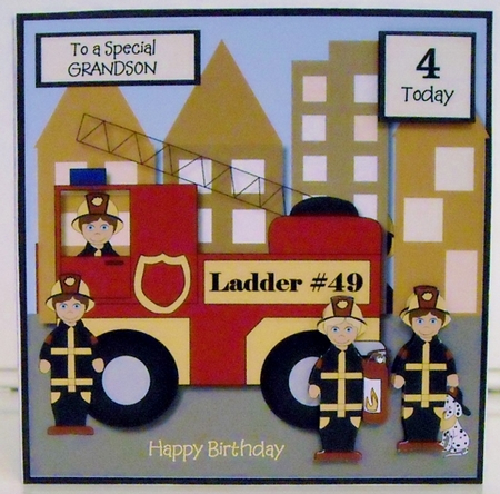 Birthday Card for Grandson with Fire Engine & Crew by Pam Stubley