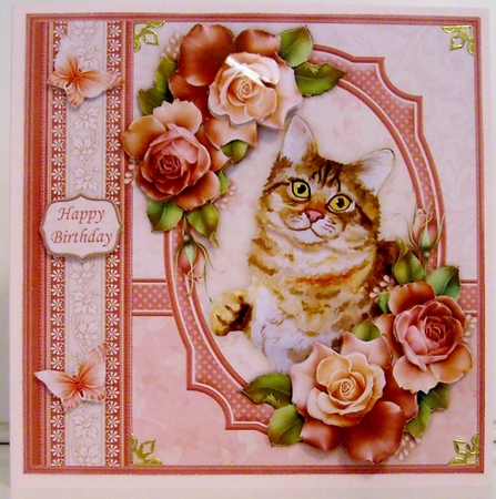 Tabby Cat & Roses 8x8 Decoupage Mini Kit by Pam Stubley