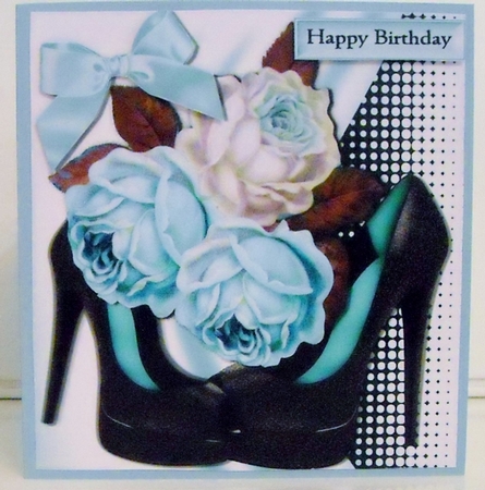 Black Glitter Shoes with Turq/white Roses & Bow 8x8 by Pam Stubley