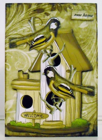 Vintage Green Birdhouse & Birds New Home Quick Card by Pam Stubley
