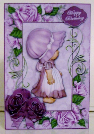 Lilac Bonnet Girl In Rose Frame Card Front by Pam Stubley
