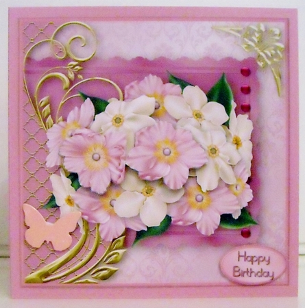 Pink and Cream Blossom Decoupage Card Front by Pam Stubley